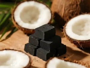 Close-up image of premium coconut charcoal briquettes