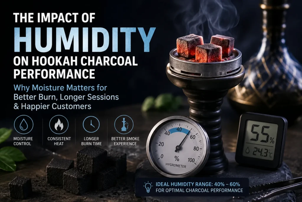 Coconut hookah charcoal with humidity meter showing moisture impact on charcoal performance.