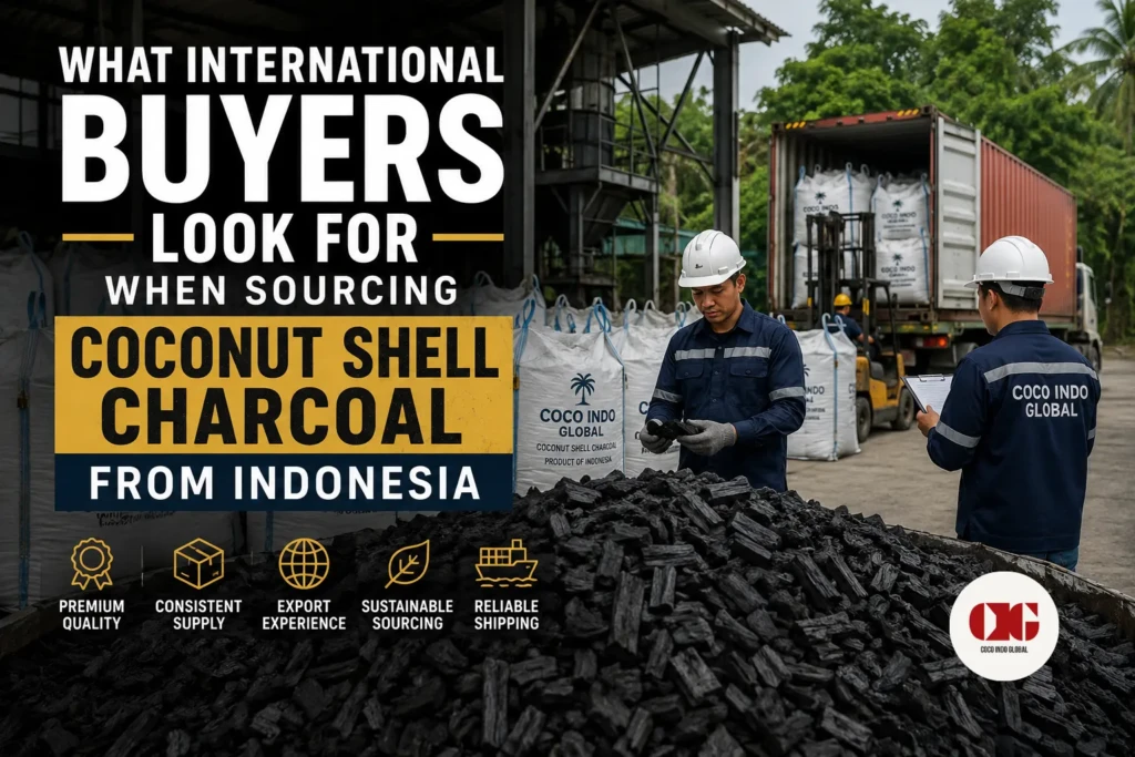 Export-quality coconut shell charcoal produced in Indonesia for international buyers and industrial applications