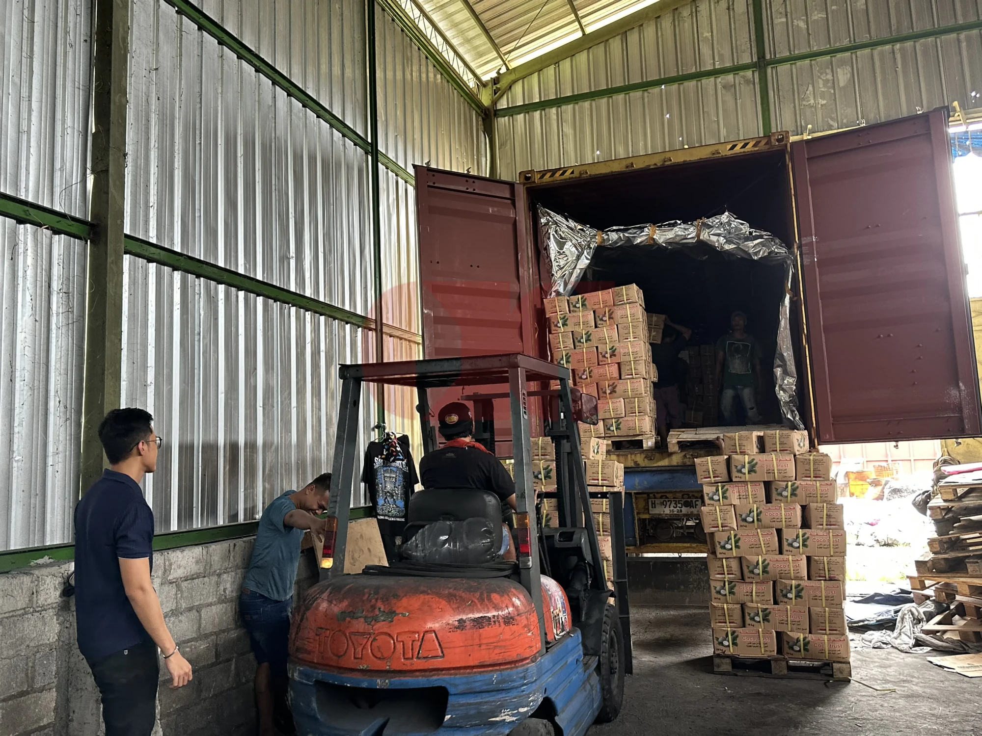 Export packaging for coconut shell charcoal briquettes prepared for international shipping.