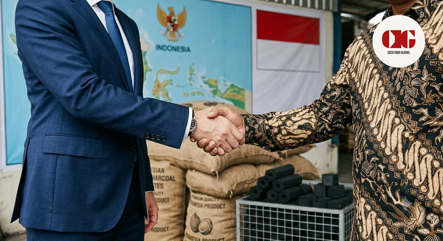 Professional handshake representing a trusted coconut charcoal supplier in Indonesia for global export and long-term business partnerships.