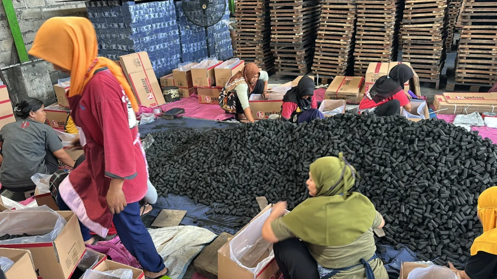 Coconut charcoal briquettes being checked for quality before bulk purchase